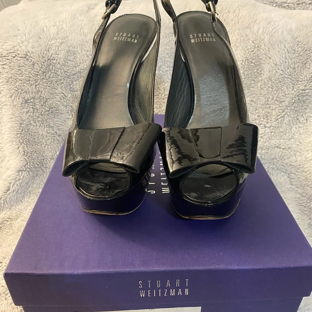 Stuart Weitzman Bowery Bow Slingback Platforms, size 9